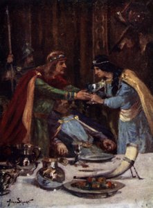 Förgiftning av kung Aethelbert II av East Anglia av Cynethryth, hustru till Offa II av Mercia, 794 (färg litho) av Allan (after) Stewart