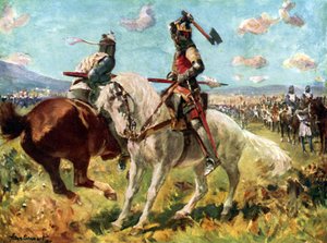 Striden mellan kung Robert the Bruce och Sir Henry de Bohun vid Bannockburn (färg litho)