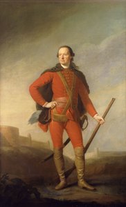Porträtt av Charles, 5:e jarlen av Elgin och 9:e jarlen av Kincardine, stående i full längd i en scharlakansröd kostym och pälsklippt udde som håller en musköt i ett romantiskt landskap med ett slott bortom, av Allan Ramsay