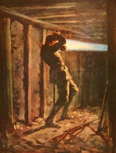 En tunga av blå låga som skjuter ut från fiendens sida av ett gruvgalleri och allvarligt brännande Private Bytheway (färg litho)