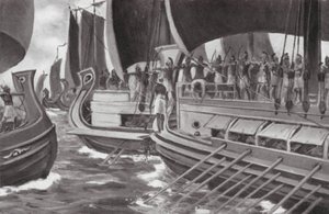 Historiens första sjöslag (litografi) av Allan Stewart