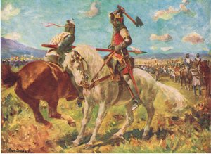Striden mellan kung Robert the Bruce och Sir Henry de Bohun vid Bannockburn (färg litho)