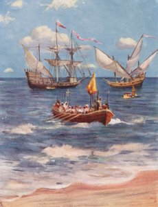 Vasco da Gama landar vid Kalicut (färglitografi) av Allan Stewart
