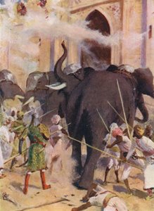 Krigselefanter laddar portarna till fortet vid Arcot (färglitografi) av Allan Stewart