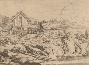 Båt vid en flodstrand med tre getter, förmodligen ca. 16451656. av Allart van Everdingen