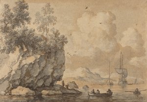 Figurer i roddbåtar i en stenig vik, segelfartyg bortom.
