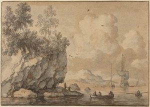 Figurer i roddbåtar i en klippig vik, segelfartyg i fjärran av Allart van Everdingen