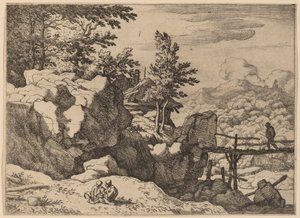 Man på en liten träbro, förmodligen ca. 16451656. av Allart van Everdingen