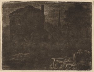 Nattlandskap med hus- och kyrkspira, troligen ca. 1660. av Allart van Everdingen