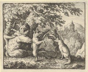På Lejonets order, är ett stycke hud taget från björnen, ett stycke av framtassarna..., 1650-75. av Allart van Everdingen