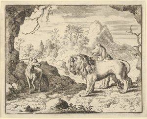 Renard övertygar lejonet och lejoninnan om att hitta en skatt som hans far stal från dem ..., 1650-75. av Allart van Everdingen
