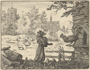 Renard, förklädd till en munk, vinner tuppens förtroende, 1650-75.