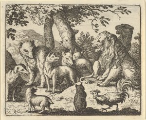 Renard fritar sig själv från sina brott inför lejonet, 1650-75. av Allart van Everdingen