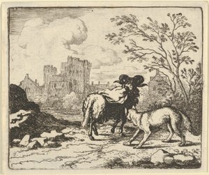 Renard skickar baggen tillbaka till lejonet med ett paket som innehåller kaninhuvudet, 1650-75. av Allart van Everdingen
