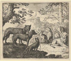 Renards föräldrar ber att få dra sig tillbaka från hovet, ur Hendrick van Alcmars "Renard räven" av Allart van Everdingen