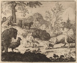 Reynard förblindar vargen i ett öga, förmodligen ca. 16451656. av Allart van Everdingen