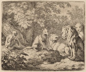 Reynard berättar en historia om dolda skatter, förmodligen ca. 16451656. av Allart van Everdingen