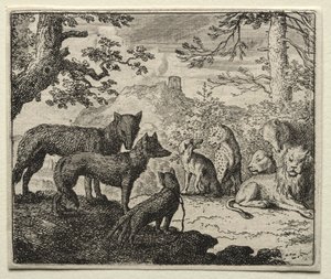 Reynard the Fox: The Relatives of Reynard lämnar domstolen av Allart van Everdingen