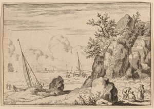 Havslandskap med tre figurer till höger, troligen ca. 16451656. av Allart van Everdingen