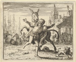 Röven, avundsjuk på uppmärksamheten hunden får från sin herre, ser ut att imitera ..., 1650-75. av Allart van Everdingen