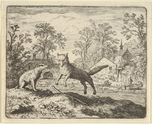 Grävlingen ålägger som straff att hoppa tre gånger över en pinne på marken, 1650-75. av Allart van Everdingen