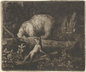 Björnen med sin nos och framtassar fångad i stammen på ett träd, mitten av 1600-talet. av Allart van Everdingen