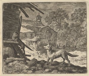 Katten klättrar i en lada, 1650-75. av Allart van Everdingen