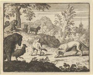 Lejonet tillåter en kamp mellan vargen och Renard, 1650-75. av Allart van Everdingen