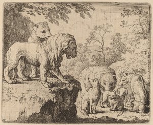 Lejonet benådar Reynard före de andra djuren, troligen ca. 16451656. av Allart van Everdingen