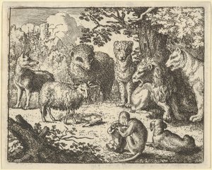 Apan öppnar paketet och tar bort kaninhuvudet till..., 1650-75s stora överraskning. av Allart van Everdingen