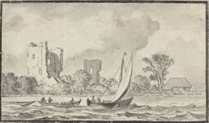 Tre båtar på en flod med ruiner längs stranden av Allart van Everdingen