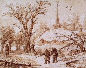Resenärer på en väg nära en by på vintern (krita, penna, bläck och tvätt) av Allart van Everdingen