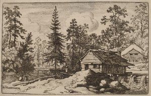 Kvinna i ett flodlandskap som ser mot en båt av Allart van Everdingen