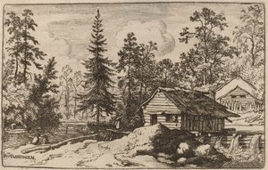 Kvinna i flodlandskap tittar mot en båt, förmodligen ca. 16451656. av Allart van Everdingen