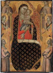 Den majestätiska jungfrun omgiven av sex änglar Altartavla av Allegretto Nuzi (1350-1375). Dämpa. 138 x 99 cm. Avignon, museum för det lilla palatset