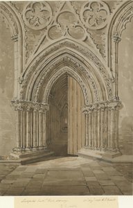 Lichfield Cathedral - West Doorway: röd/brun sepiateckning, 27 augusti 1842 av Allen Edward Everitt