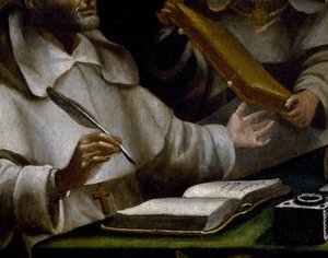 Händerna på den helige Albert när han skriver, detalj av den helige Paulus som dyker upp för den helige Albert den store och den helige Thomas av Aquino, målning av Alonso Antonio Villamor (1661-1729), detalj
