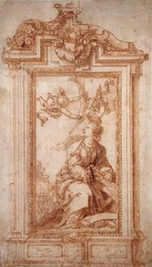 Arkitektonisk design med kvinnlig figur och Putti (penna & bläck och tvätt på papper) av Alonso Cano