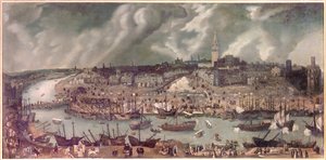 Utsikt över staden Sevilla (Spanien) Målning tillskriven Alonso Sanchez-Coello (Sanchez Coello) (cirka 1531-1588) Slutet av 1500-talet