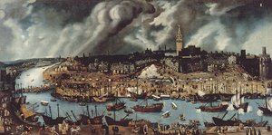 Hamnen i Sevilla, ca 1590 av Alonso attr. to Sanchez Coello