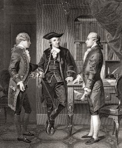 Johann Henry Jules Alexandre von Robaii, Baron de Kalb introducerar Lafayette till Silas Deane, från Life and Times of Washington, volym 1, pub. år 1857 av Alonzo (after) Chappel