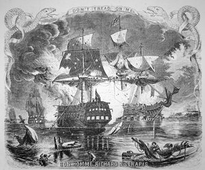 John Paul Jones, som befaller Bonhomme Richard, besegrar HMS Serapis den 23 september 1779 (litho)