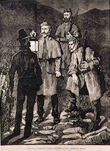 The State of Ireland: Polispatrull utmanar en misstänkt person, från The Illustrated London News, 8 juni 1881 av Aloysius C. OKelly