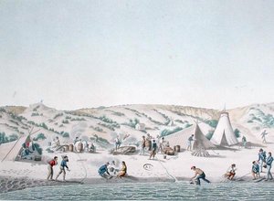Baie des Chiens Marins, New Holland: The Camp of Uranie nära Ile Peron, från "Voyage Around the World on Corvettes de L