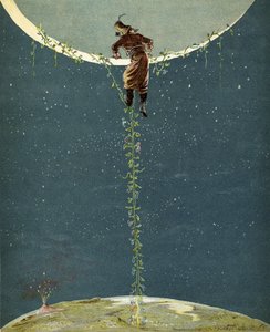 Baron Munchausen klättrar upp till månen med hjälp av en kalkonbönaplanta, från 