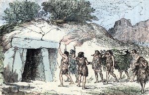 Förhistoria, neolitikum; ceremoni funebre (Förhistoria, neolitik: begravningsceremoni) Gravyr från "" Nature and Man"" av Renegade 1881 Privat samling
