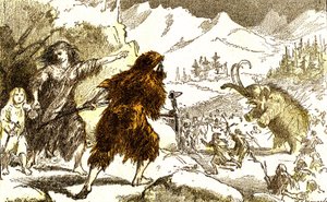Förhistoria-mammutjakt. Isperiod: Naturligt skapande och levande varelser. Teckning av A. Demarle. 1885