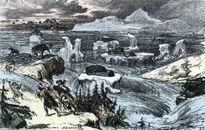 Förhistoria; översvämning i Centraleuropa i slutet av istiden Gravyr från "" Nature and Man" av Rengade 1881 Privat samling