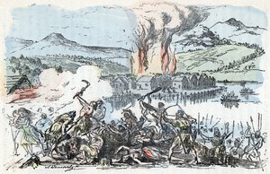Förhistoria: krigsplats i början av järnåldern, brand i bosättningarna på pålhus (pålhus) Gravyr från "" La nature et l