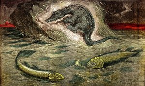 Övergång från fisk till reptiler: Proteosaurie (överst) reptil från fisk, period av kol. Holoptychius längst ner till vänster och L